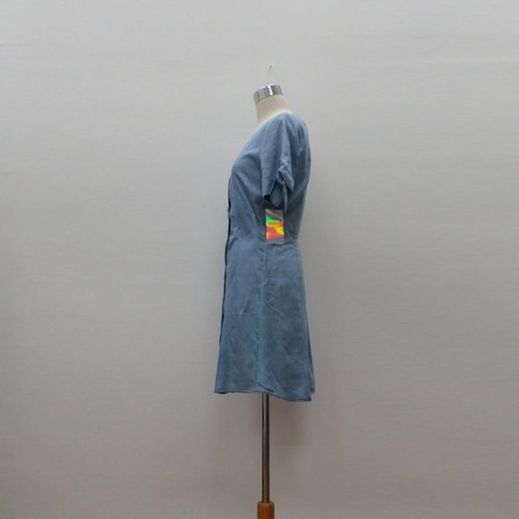Soft Denim Button Down Dress with Tied Bow on Sleeves - Picture 2 of 5